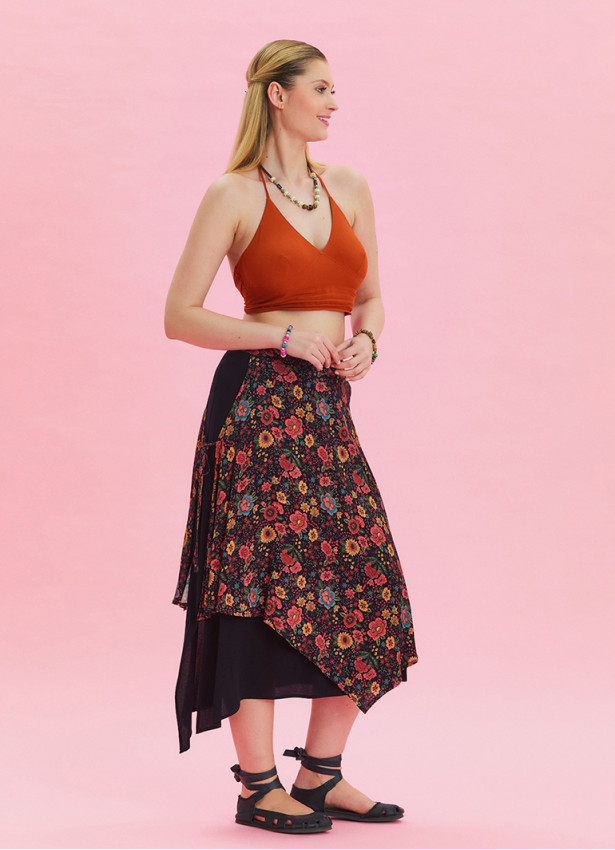 Floral Print Skirt with Elastic Waist and Tie Detail 4523